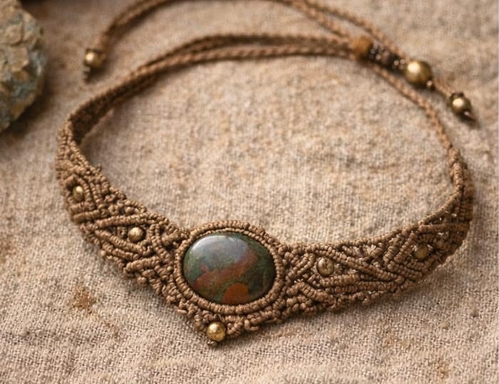Gargantilla de macramé bohemio hecha a mano con una piedra preciosa de jaspe natural y cuentas de la