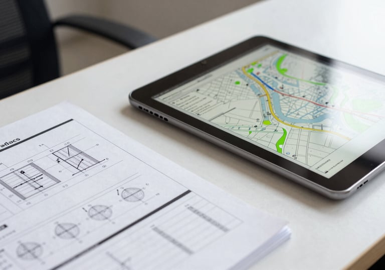 A detailed close-up of a professional engineering report and a digital tablet displaying mapping data in a clean, modern International / Professional office setting, lit with soft natural light.