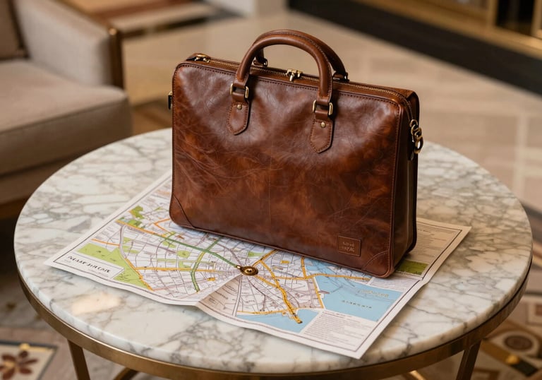 A high-angle shot of a leather briefcase and a map of Madrid on a marble table in a luxury hotel lobby, professional style.