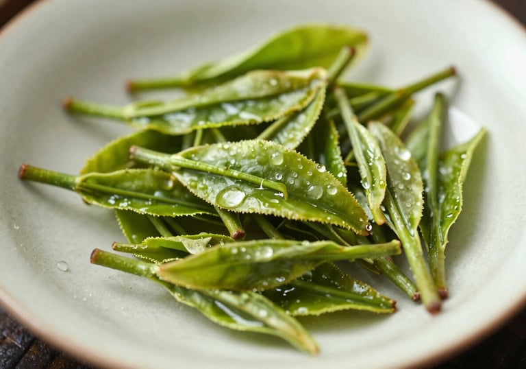 Macro photography of fresh, bright green tea leaves with water droplets, resting on a rustic cream ceramic plate. The lighting is bright and natural, highlighting the delicate textures. East Asian &amp;amp;amp;amp;amp;#x2F; Chinese tea culture aesthetic.