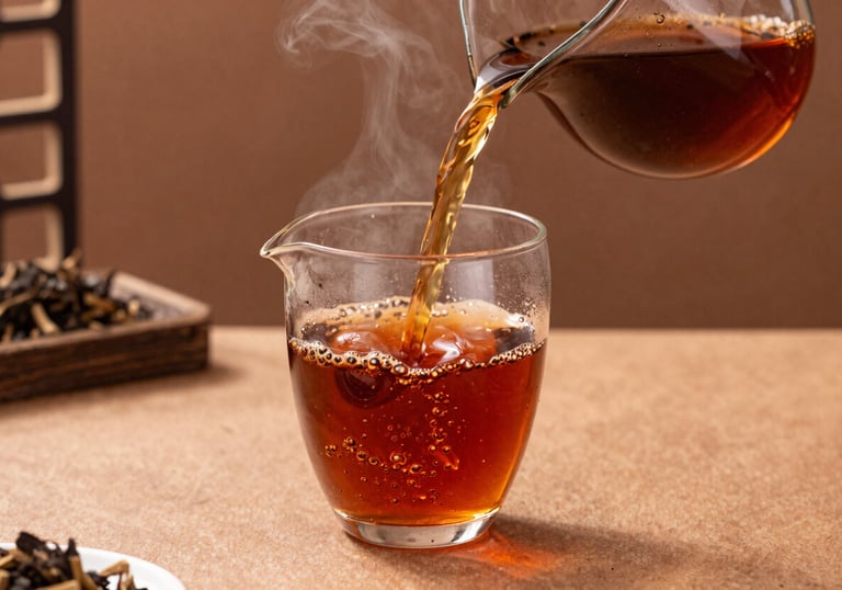 Professional culinary shot of deep amber-colored black tea being poured into a transparent glass cup. Steam is visible. The scene is set in an East Asian &amp;amp;amp;amp;amp;#x2F; Chinese professional environment with terracotta-colored accents.