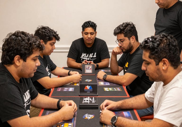 Players intensely competing in a trading card game tournament with cheering crowd.