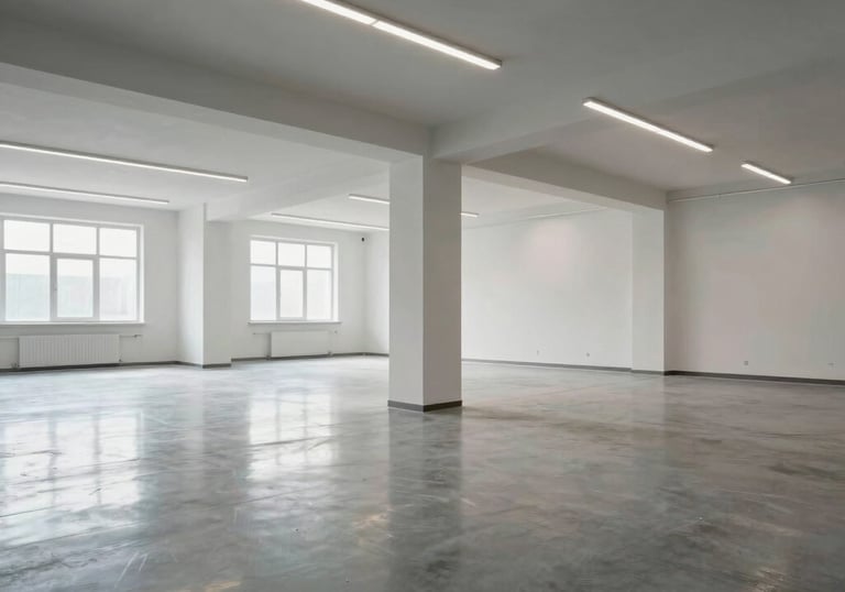Interior view of a clean, post-construction commercial space in Central Europe, dust-free floors reflecting modern lighting, professional finish.