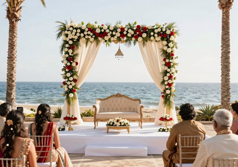 Romantic beachside wedding venue in Costa del Sol with floral decorations and sunset view.
