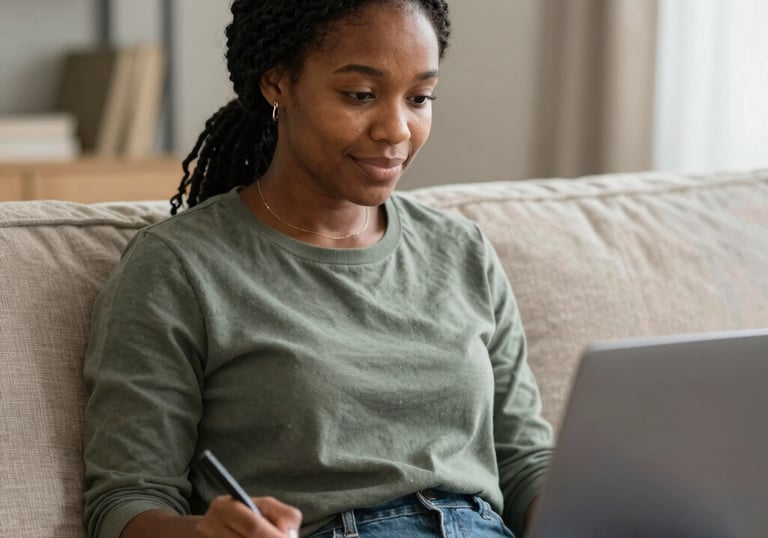 A warm scene of a caregiver gently assisting an older adult with a smile in a cozy living room.