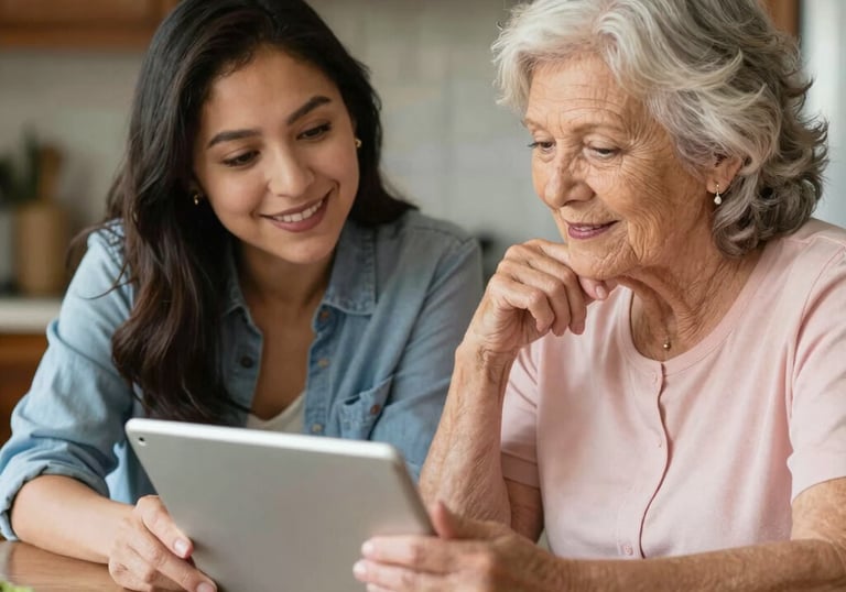 A nurse-informed care navigator speaking kindly with a family over video call.