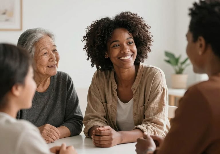 A diverse family sharing a joyful moment together in a sunlit kitchen.