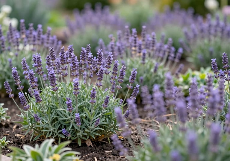 Detailed shot of a flourishing perennial flower bed with shades of soft lavender and green foliage, designed for long-term beauty and health in a professional landscape setting.