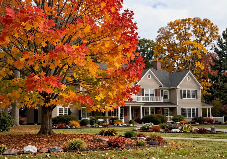 A beautiful seasonal landscape display with autumn leaves cleared and crisp garden edges, North American / US architecture in background.