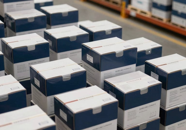 An organized warehouse in India filled with pharmaceutical crates, emphasizing efficiency and logistics, with a palette of Navy Blue and Pale Gray.