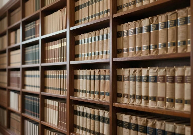 An organized wall of legal volumes in a private library in a South Asian law firm, suggesting deep research and authority.
