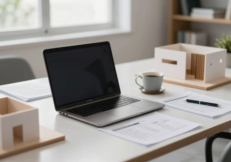 An organized and modern workspace in Brazil with a laptop, architectural models, and high-end financial documents, bright and professional lighting.