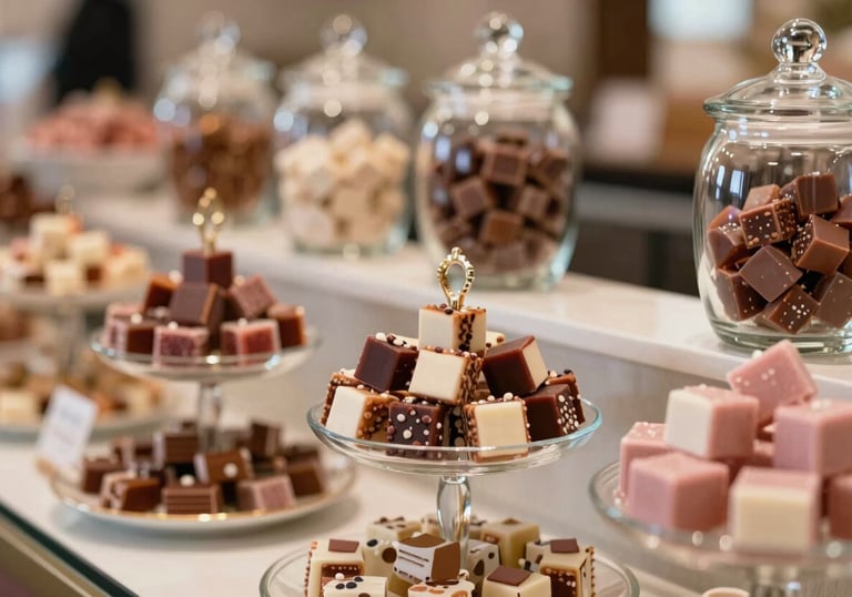 Close-up of a high-end candy bar display with glass jars, elegant tiered stands, and a variety of artisanal sweets. Professional lighting, shallow depth of field, hints of #A7727D rose.