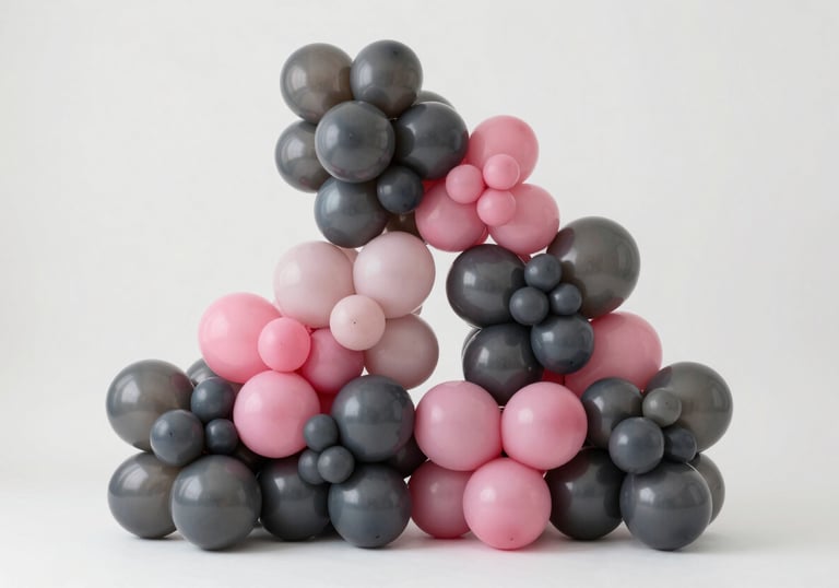 Professional balloon art installation featuring organic shapes and a mix of matte and metallic textures in charcoal #2C2E3A and soft fuchsia #A7727D colors. Clean, minimalist background.