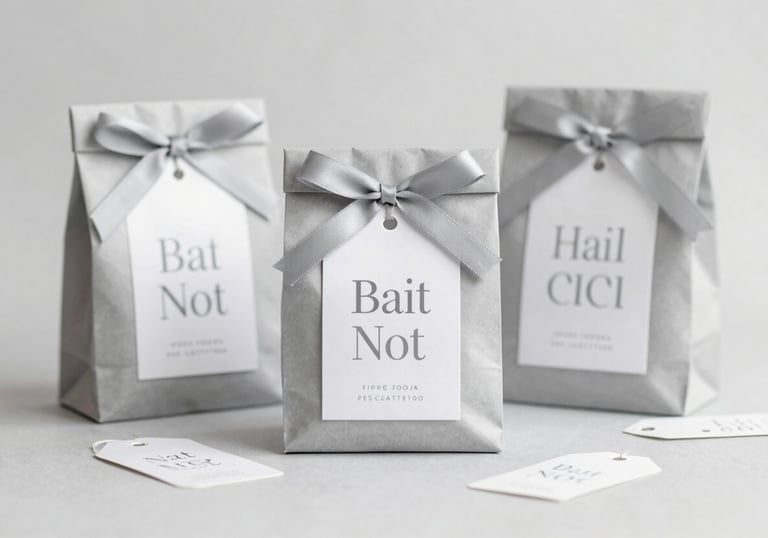 A collection of personalized party favors and gifts for a baptism or wedding, beautifully packaged with custom typography and tags. Neutral grey #7F7176 and #F8F8F8 tones.