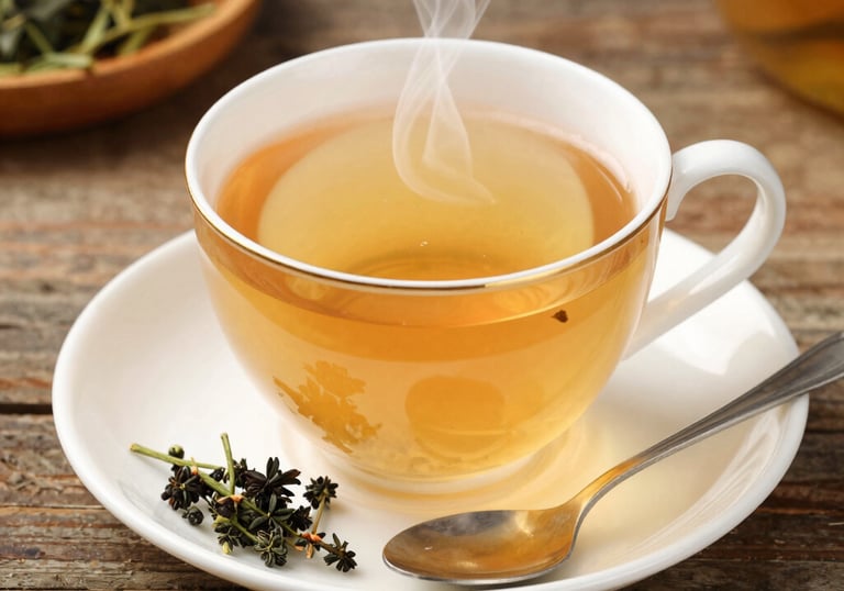 Artistic arrangement of the 23 herbs used in the brew displayed on a rustic wooden table.