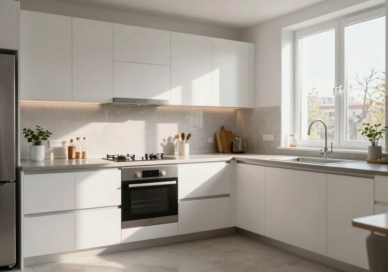 A modern, immaculately clean kitchen interior in a Hamburg apartment, signifying a pest-free and healthy living environment, bright morning light.
