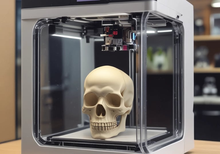 A modern white 3D printer creating a detailed gargoyle creature model on a wooden desk.