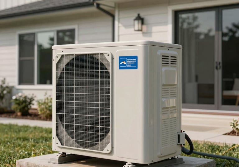 A high-efficiency air conditioning condenser unit professionally installed on a level pad next to a modern North American / US house.