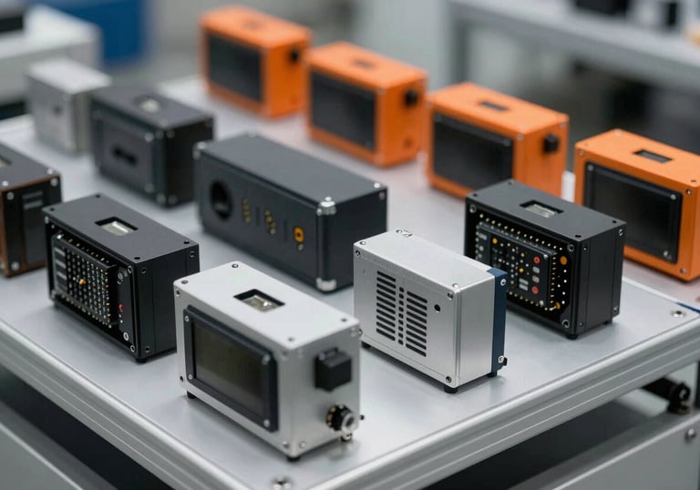 Rows of finished electronic enclosures and devices on a silver testing rack, professional industrial product shot, orange accents.