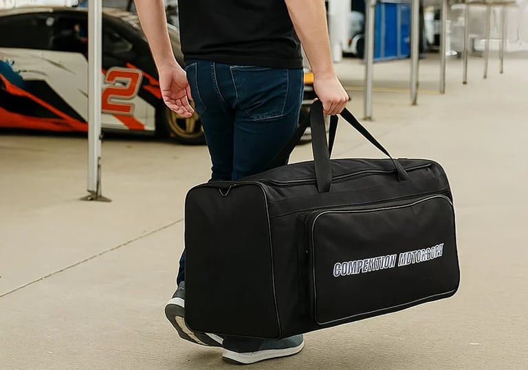 Person carrying a bag full of racing gear