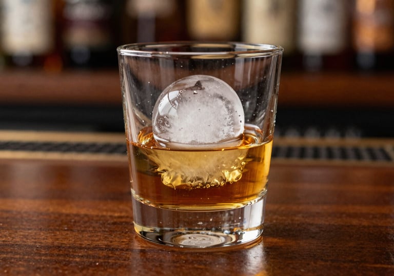 A close-up shot of an amber-colored whiskey in a heavy glass with a single large clear ice sphere, sitting on a polished dark wood bar top in a South American style lounge.