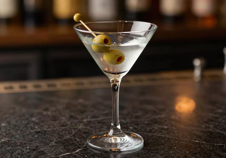 A classic Martini glass with a green olive on a toothpick, sitting on a dark marble surface with soft, golden South American interior lighting.