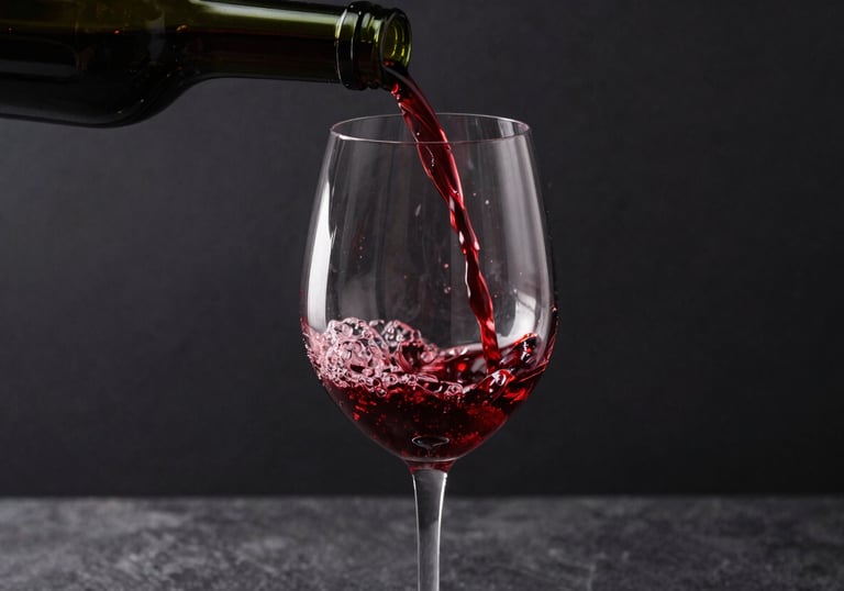 A deep red wine being poured into a wide crystal glass, capturing the rich color and elegant movement, set against a dark, minimalist background.