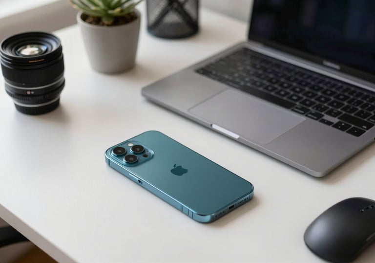 Photography of a sleek, minimalist home office setup with a focus on mobile development tools and smartphones, International / Global, teal accents.