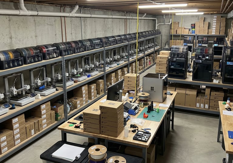 A 3D printer farm in a workshop featuring rows of Bambu Lab printers on metal shelving with filament spools.