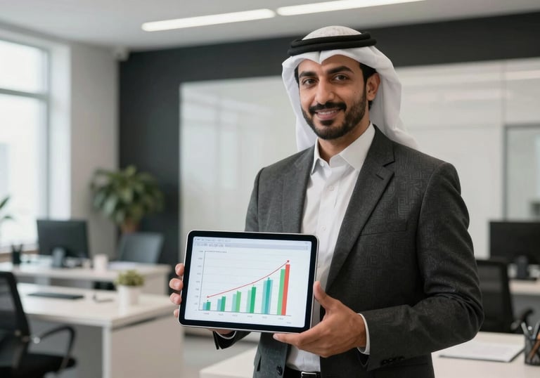A successful Middle Eastern / Iraqi professional holding a digital tablet showing growth charts in a bright, modern office with black and white decor.