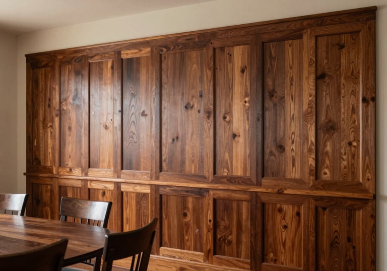 A high-resolution photo showing the installation of intricate wooden wall paneling in a dining room, featuring a beige and deep brown palette, North American / Pacific Northwest US.