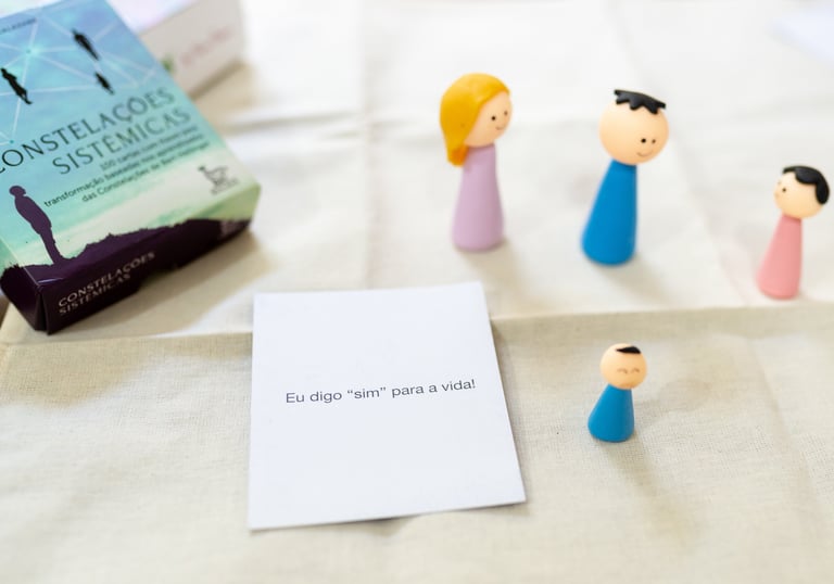 Bonecos de madeira representando uma dinâmica de constelação familiar individual