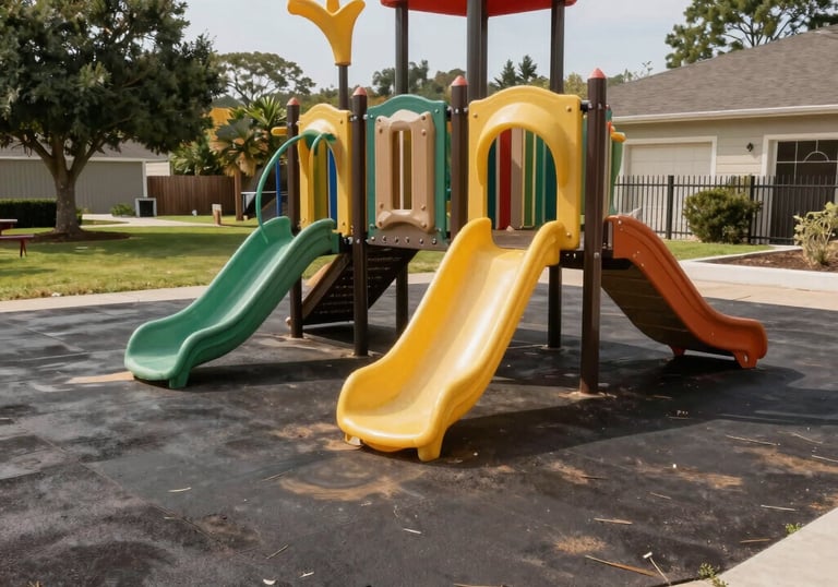Close-up of a technician inspecting playground equipment bolts and surfaces.