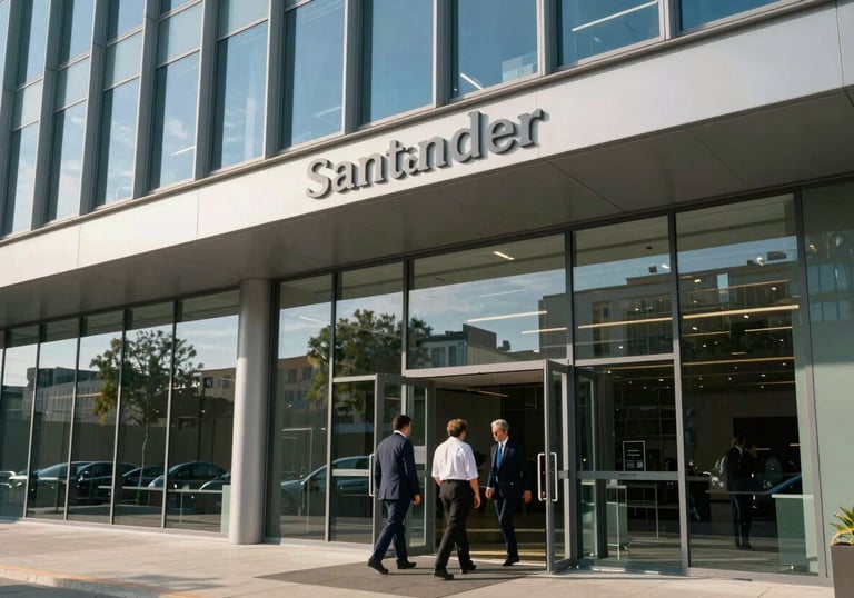 The modern exterior of a professional center in Santander, large glass windows reflecting the blue sky, professionals entering the building, bright daylight.
