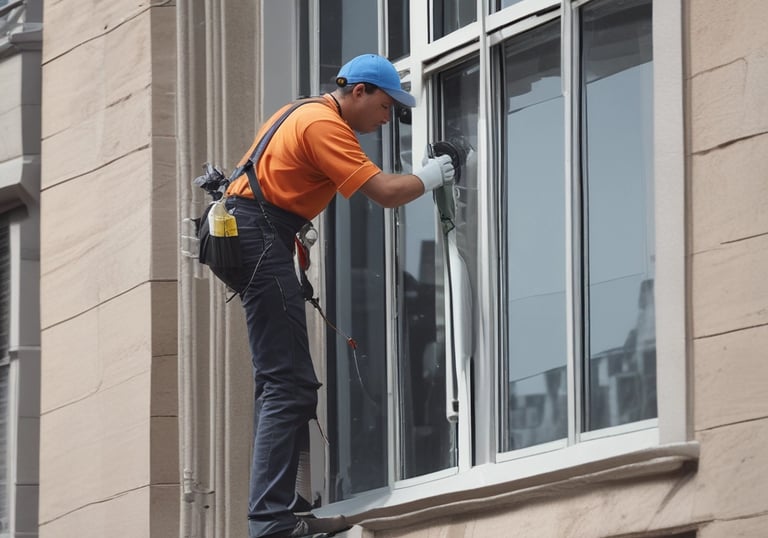 A professional cleaner dusting a modern living room filled with natural light.