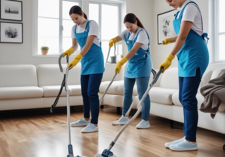 A professional cleaner dusting a modern living room filled with natural light.
