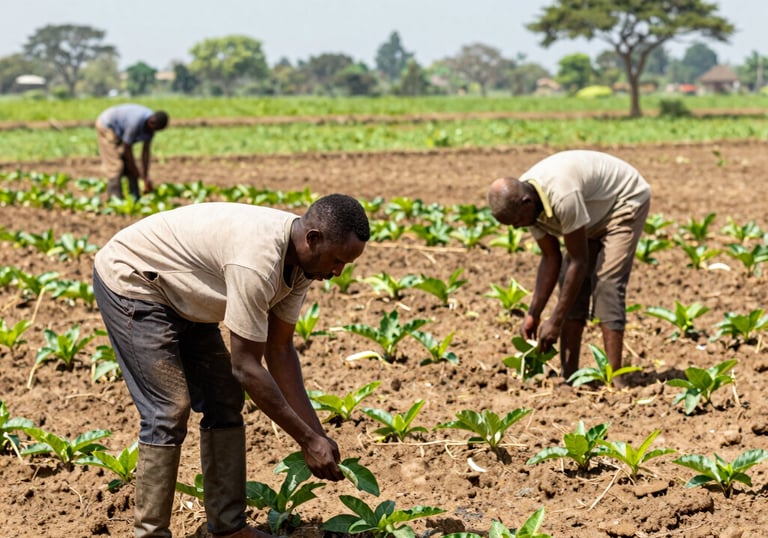 African farmers collaborating in a rural field, planning a sustainable agriculture project.