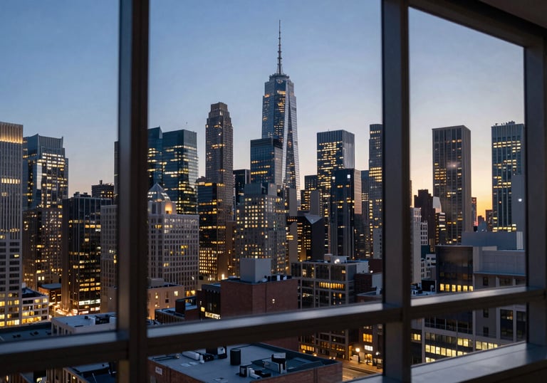 A perspective shot of a modern city skyline at dusk with lights beginning to twinkle, seen through a high-rise office window in a North American business district.