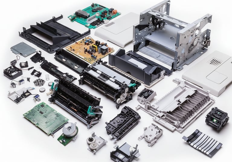 Disassembled printer parts including circuit boards, fuser, gears, and metal frame for repair.