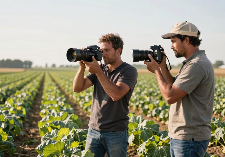 An agency photographer and a local farmer collaborating on a photo shoot at a sunny North American / US farm, with rows of crops in the soft-focus background.