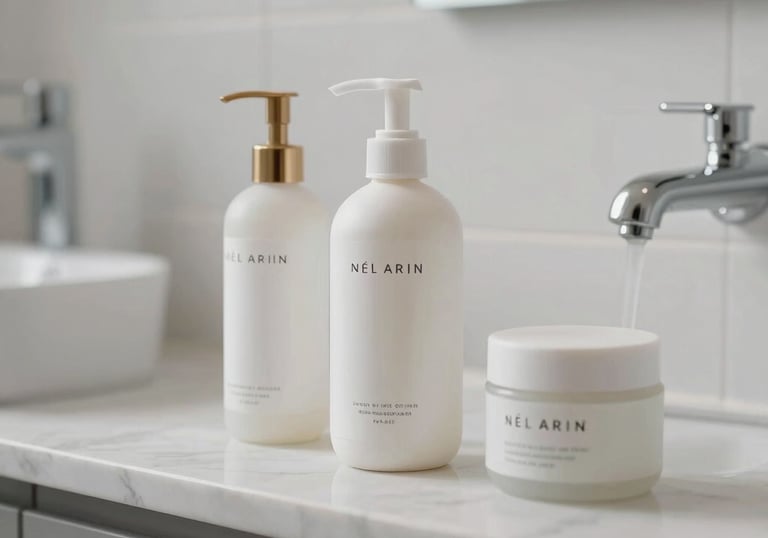 A bright, clean British bathroom featuring minimalist hygiene products on a marble shelf, soft focus and elegant composition.