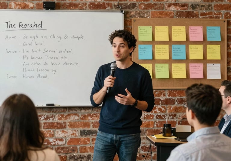 A leader confidently addressing a group in a bright, professional meeting room.