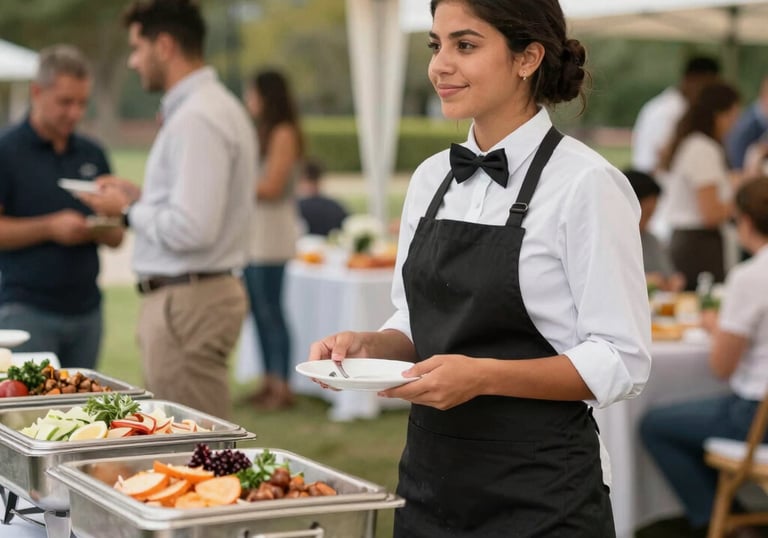 A smiling server carrying trays of appetizers through a bustling event.