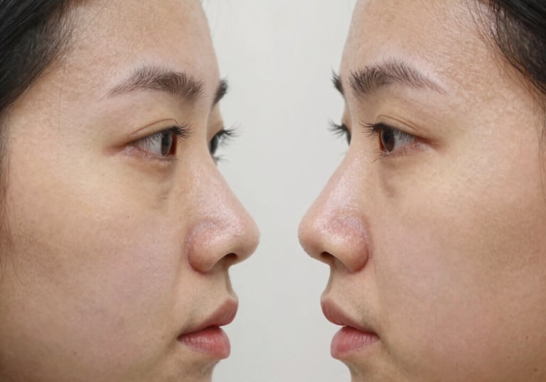 Before-and-after collage showcasing natural results from nose and eyelid surgeries.