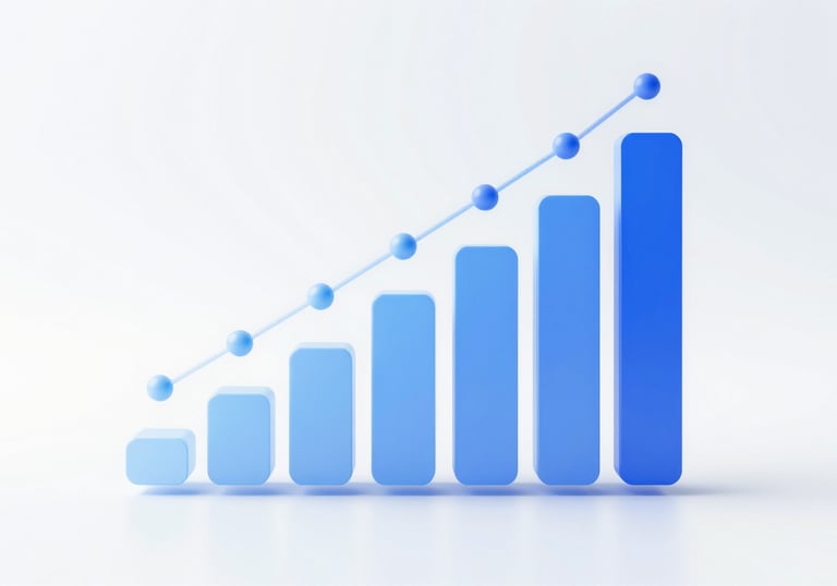 A sleek 3D chart visualization with floating translucent bars and data points. Clean, sophisticated look using #4A7CA1 and #A5CADC.