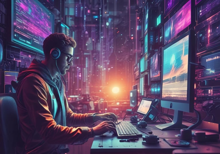 A sleek digital avatar interacting with social media icons on a vibrant background.