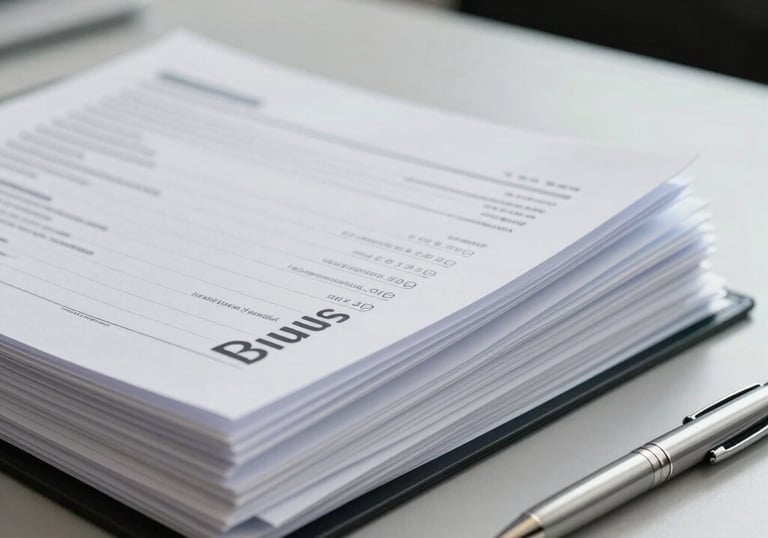 A close-up of neatly organized business files and a silver pen on a light grey desk, representing modern business organization in a North American / US corporate setting.