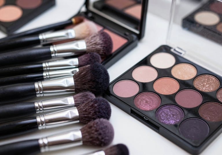 Close-up of a professional makeup artist's kit with a variety of brushes and a colorful eyeshadow palette featuring muted mauve and dark plum tones in a bright North American / NYC Hispanic studio.