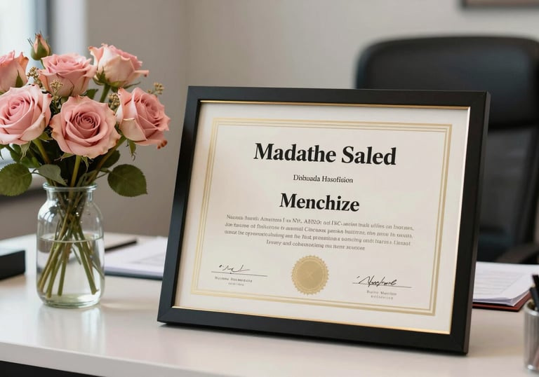 A beautifully framed professional makeup certification diploma sitting on an elegant desk next to a vase of dusty rose flowers in a North American / NYC Hispanic professional office.